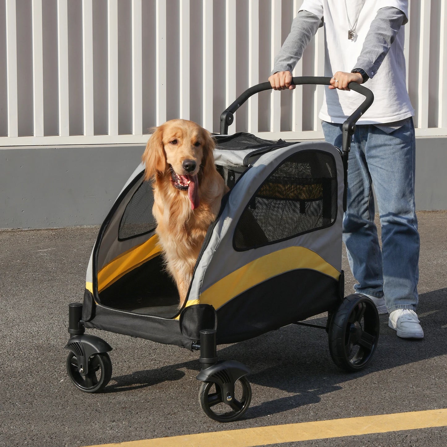 Dog Stroller Ultra-large 4 Wheels Pet Jogger Wagon Foldable Cart Travel Trolley Outdoor Animal Carrier Load Up To 55kg or 121.254 lbs adjustable handle
