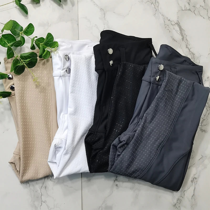 MXLLINA Button Zipper Horse Riding Pants Women Equestrian Leggings Breeches Competition Full Silicone Sports Tights