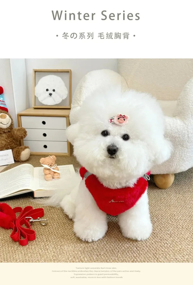 Fashion Pet Rabbit Fur Plush Pet Traction Set Warm Thick Pet Dog Cat Walking Dog Outdoor Teddy Plush Traction Rope Chest Harness
