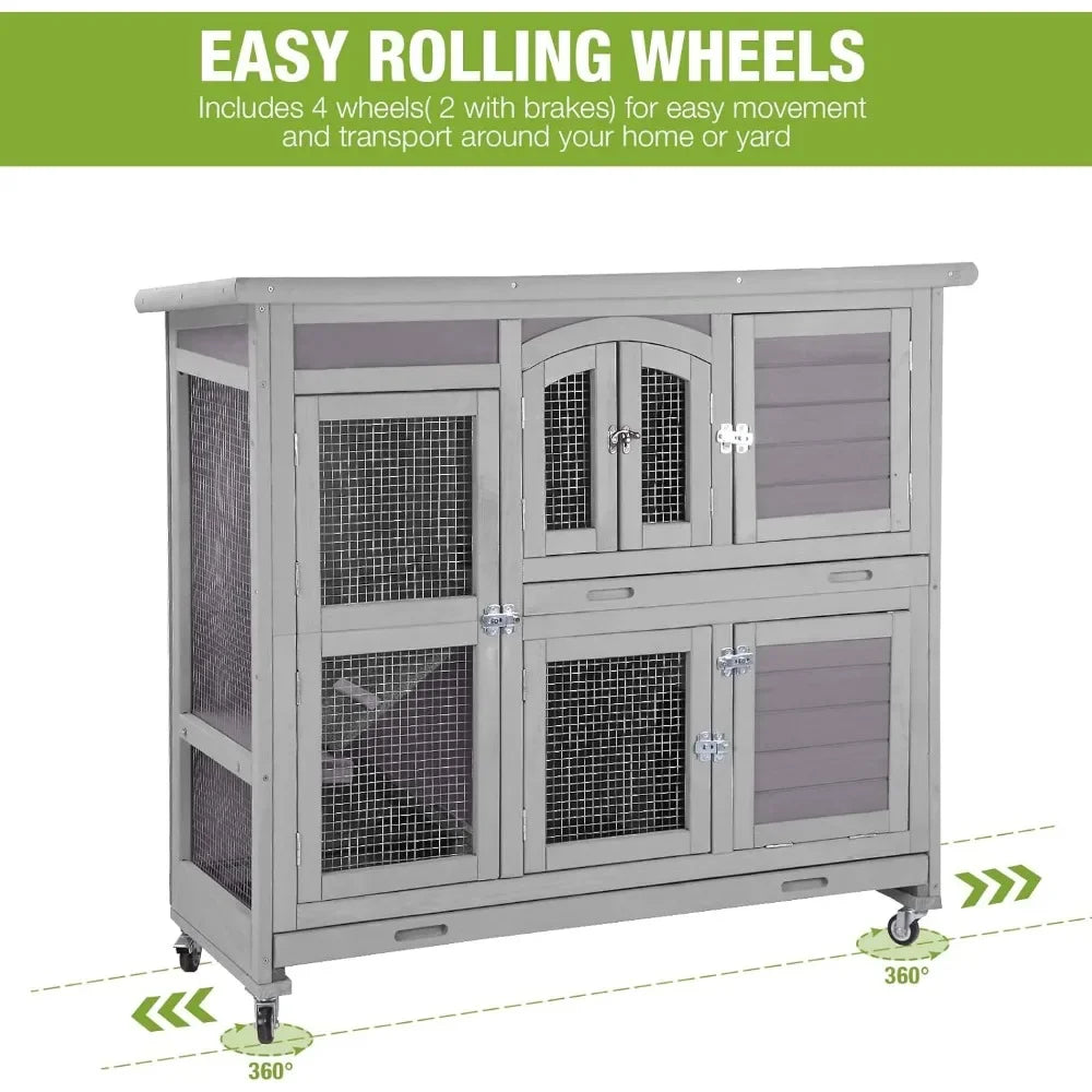 Rabbit Hutch Indoor Outdoor Bunny House Bunny Cage on Wheels with Plastic Tray-47inch