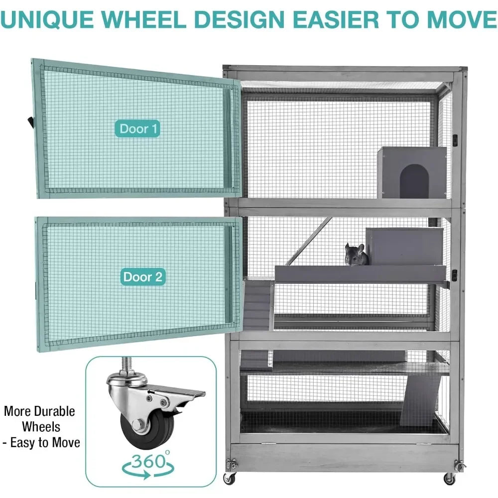 Large Guinea Pig Cage, Wooden Ferret Cage with Wheels, Chinchilla Cage Upgrade Metal Frame Rat Cage for Indoor Outdoor