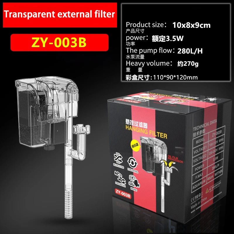 3/4/5/6W Wall Mounted Aquarium Filter Waterfall Filter for Small Fish Tank Filtering Equipment with Filter Media and Circulating