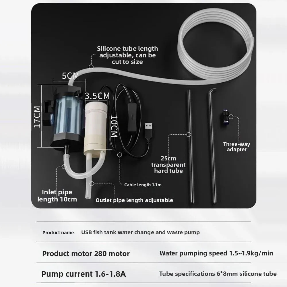 Portable 280GPH Aquarium Water Changer USB Powered Low Noise Aquarium Pump Fish Tank Cleaning For Aquarium