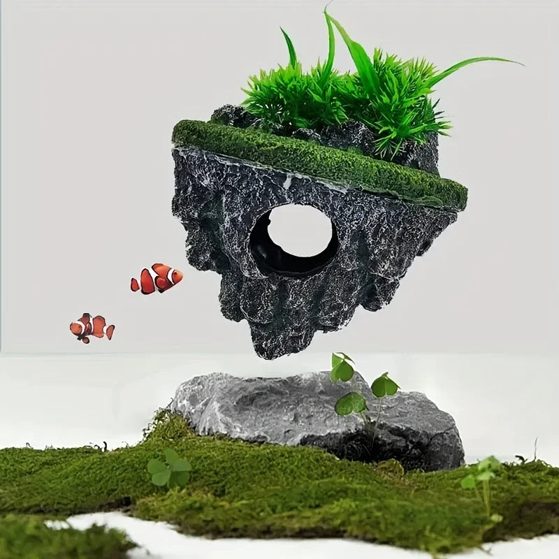 Multi - Use Aquarium Floating Island Decor Rock with Shelter for Fish, Ecological Scenery Rockery for Fish Tank Landscaping