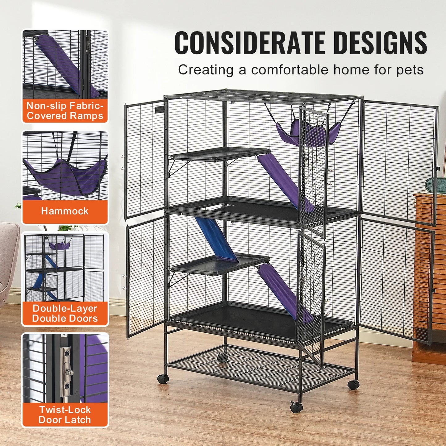 VEVOR 64.6" Rolling Metal Ferret Cage Large 4-Tier Critter Nation Cage Small Animal Cage for Pet Rats Hamster Guinea Pig Chinchilla