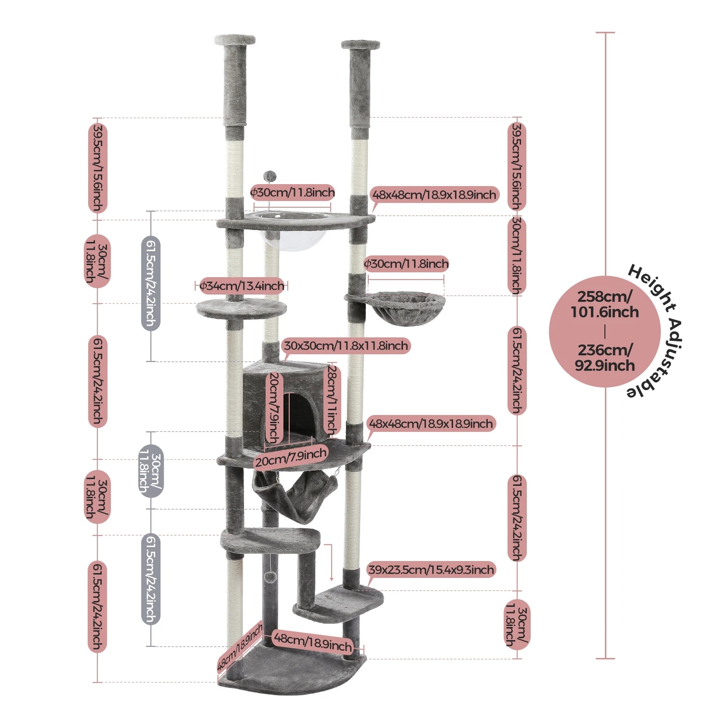 Floor to Ceiling Cat Tree Adjustable Cat Tower Tall Kitty Climbing Play House Tall Kitty Climbing Play House with Scratching Posts Cozy Condo Perches Hammock