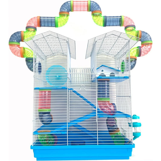 5-Floors Large Twin Tower Syrian Hamster Rodent Gerbil Mice Rat Home Cage with Crossover Tube Tunnel Expadible