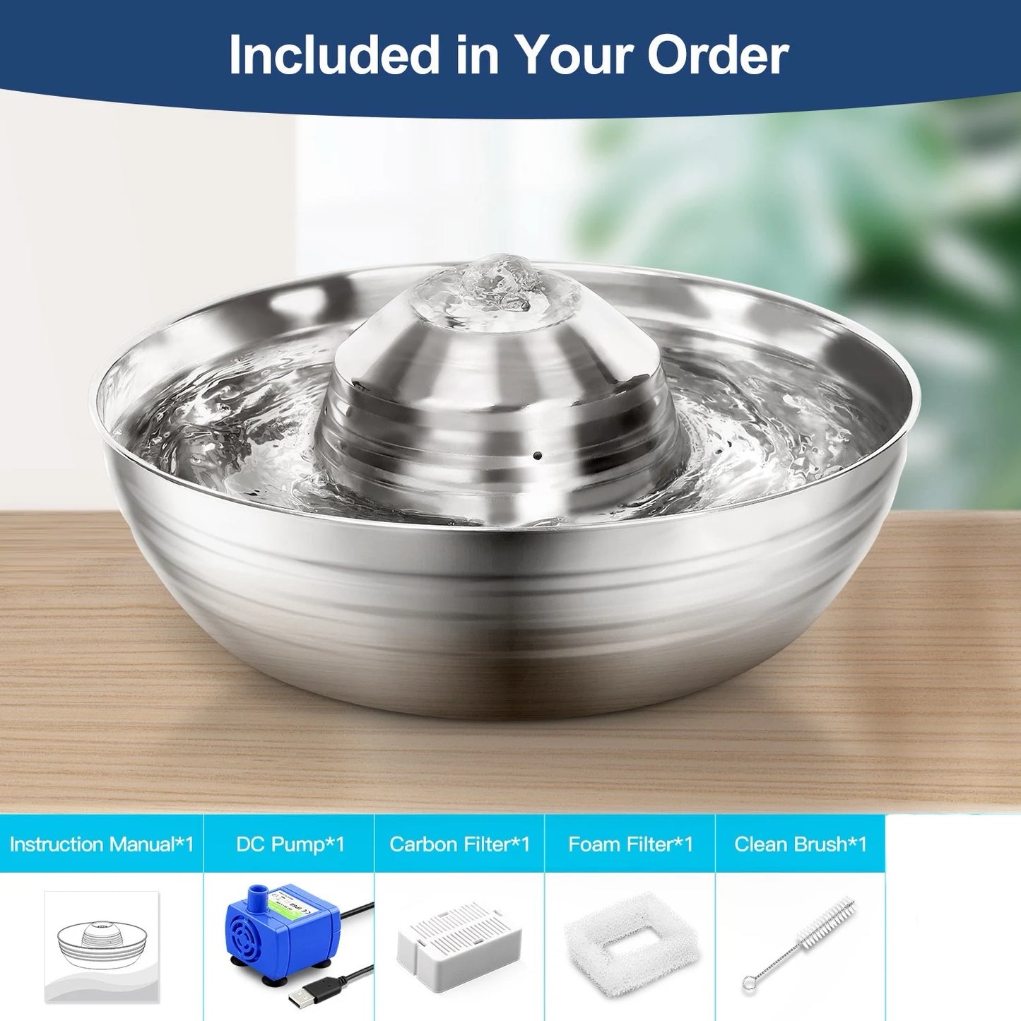 2L Ultra-Quiet Automatic Fountains Dog Stainless Steel Pet Fountains Water Dispenser Quiet Pump Water Fountain for Cat Dog