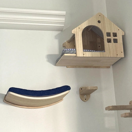 Wall-Mounted Cat Hammock Cradle Cat Climbing Frame Floating Shelf Solid Wood Cats Scratch Posts for Sleeping and Playing Toy