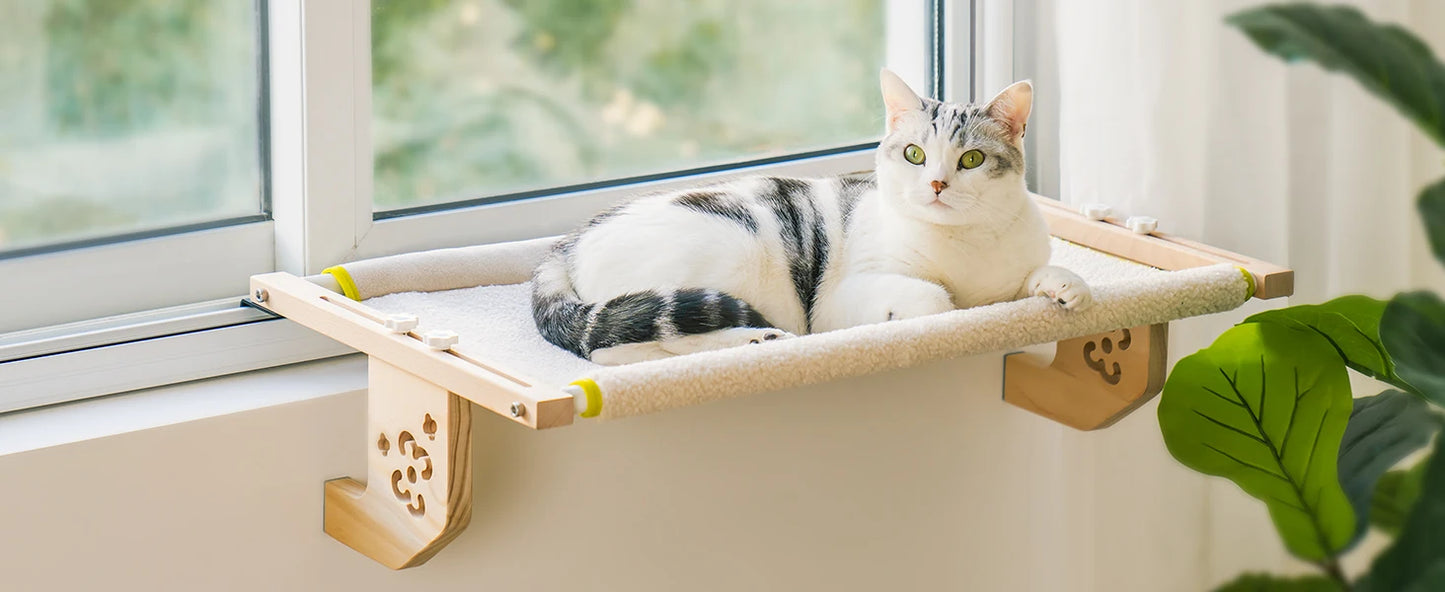 Mewoofun Cat Window Perch Wood Metal Frame Easy to Assemble for Windowsill Bedside Drawer and Cabinet More Beige Chessboard