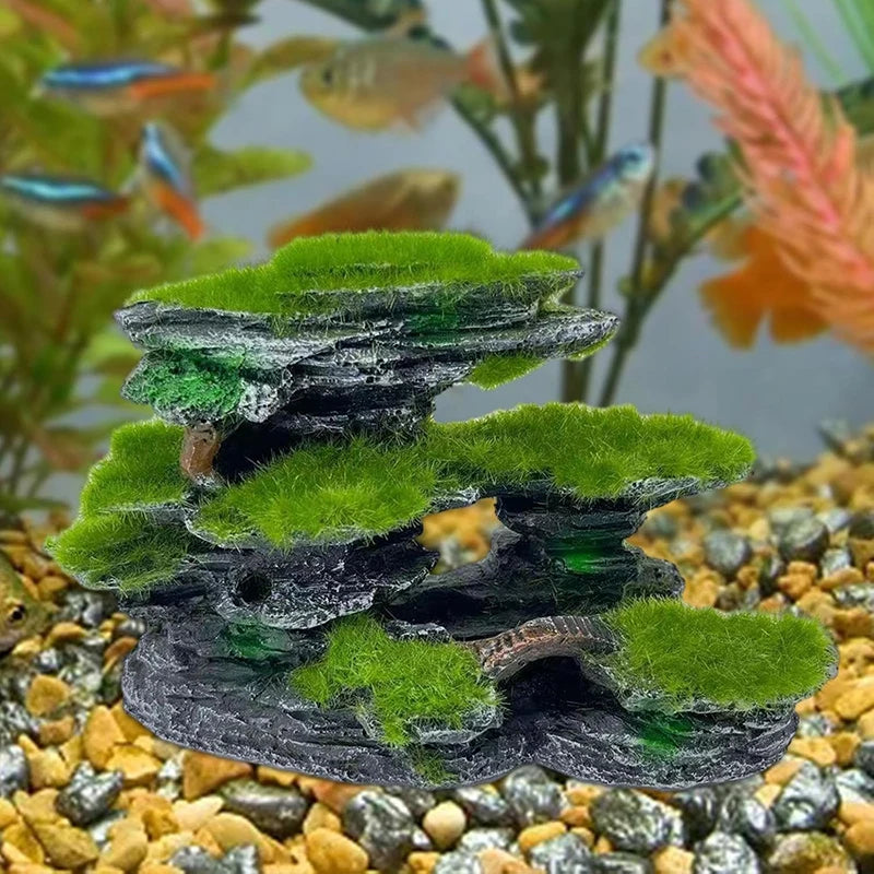 Aquarium Mountain View Stone, Aquarium View Stone, Mossed Aquarium Hideout, Submersible Resin Aquarium Decorations Large
