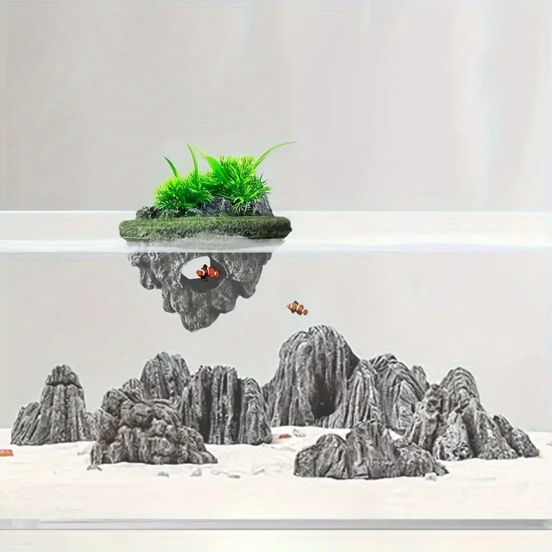 Multi - Use Aquarium Floating Island Decor Rock with Shelter for Fish, Ecological Scenery Rockery for Fish Tank Landscaping