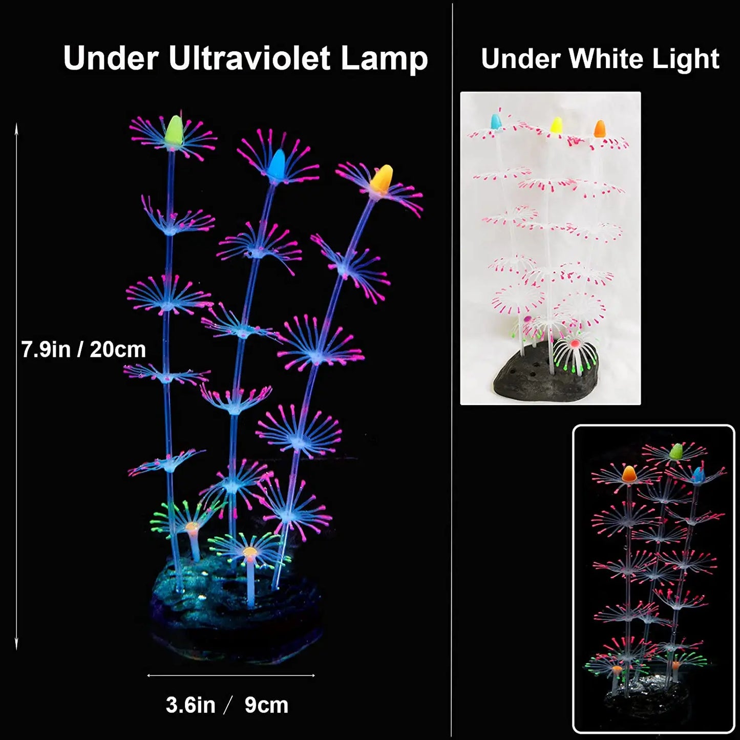 Glowing Silicone Coral Aquarium Decor with Suction Cups, Fish-Safe UV-Activated Plants for Saltwater/Freshwater Tank Setup