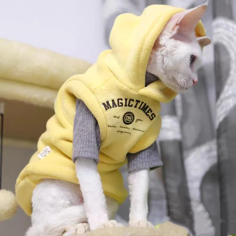 Thick Yellow Fleece Hooded Sweatshirt for Sphynx Cat Grey Short sleeved Coat for Devon Rex in Winter Soft Loungewear for Kittens