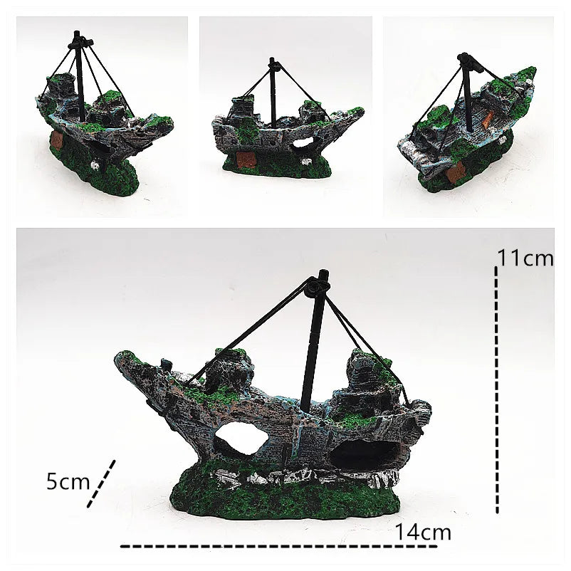 Aquarium Decor Fish Tank Resin Shipwreck Decoration Pirate Treasure Ship Fishing Net Ornament Accessories Statue For Fishes Hide