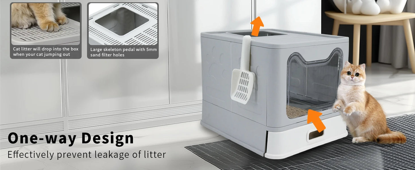 4-Style Cat Litter Box with Lid Large Kitty Litter Box Enclosed with High Sided Enclosure Scoop Non-Sticky