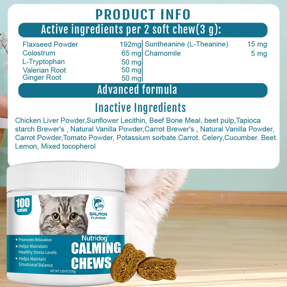 NUTRIDOG Cat Calming Chews Promotes Cats Relaxation Moods Calmer Relieve Stress Effects Maintain Emotional Balance 100 PCS/Bottle
