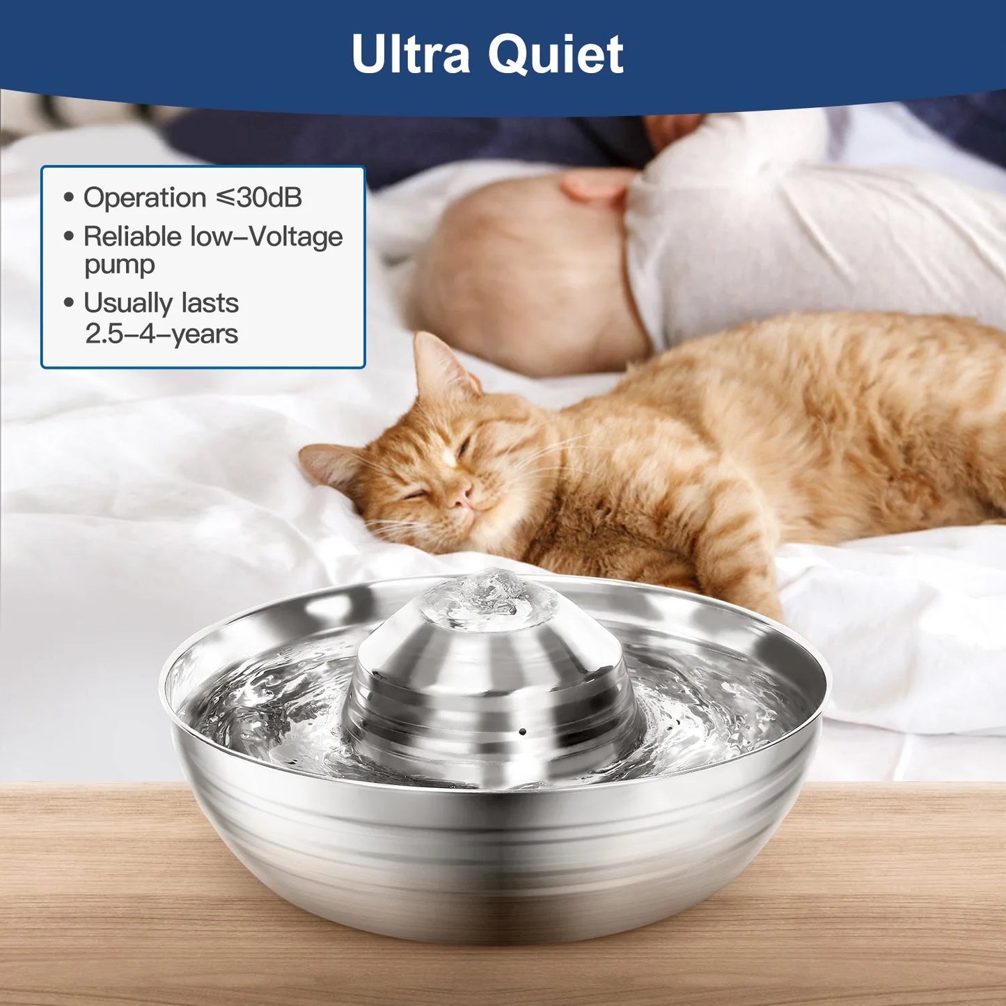 2L Ultra-Quiet Automatic Fountains Dog Stainless Steel Pet Fountains Water Dispenser Quiet Pump Water Fountain for Cat Dog