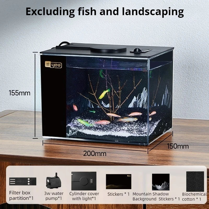 Desktop Fish Tank Betta Goldfish Aquarium with Light and Water Pump Luxury Mini Fishbowl Home Fish Aquatic Pet Decor Terrarium