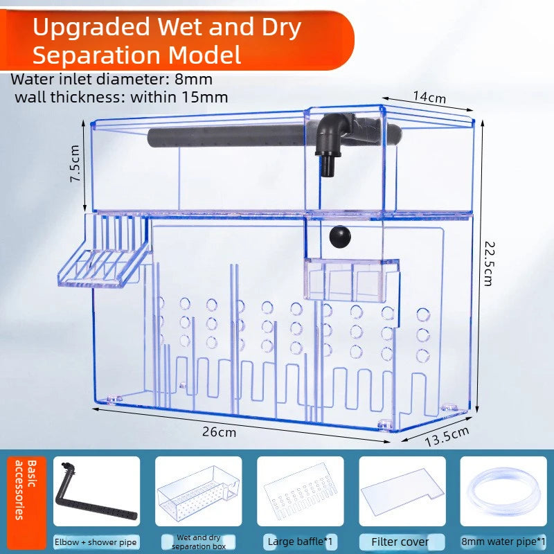 2-Tier Dry-Wet Separation Aquarium Filter Box Ultra-Quiet Wall-Mounted 3-in-1 Drip Filter Box for Small Medium Fish Turtle Tanks