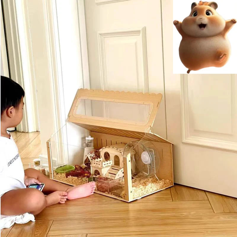 Acrylic and Wooden Hamster Cage, Assemble Transparent Visible Pet Feeding Cage, DIY Aquascape Crate Creeping Pet Feeding Box