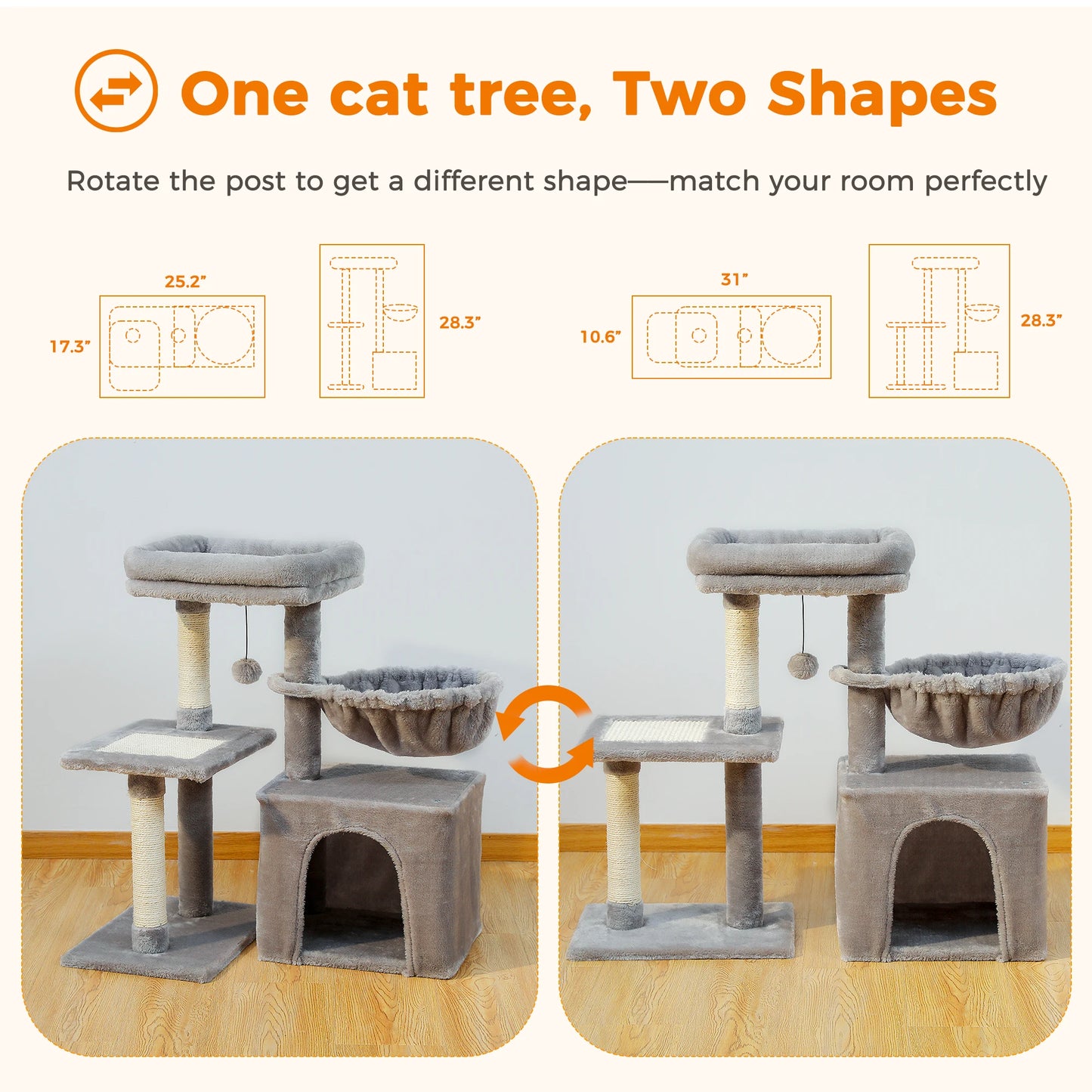 Cat tree Cat Tower for Indoor Cats Cat Activity Tree with Cat Scratching Posts Big Hammock and Removable Top Perch