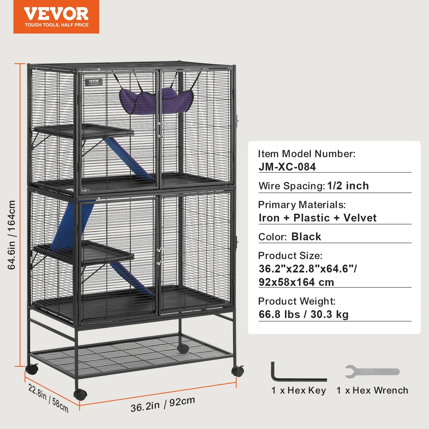 VEVOR 64.6" Rolling Metal Ferret Cage Large 4-Tier Critter Nation Cage Small Animal Cage for Pet Rats Hamster Guinea Pig Chinchilla