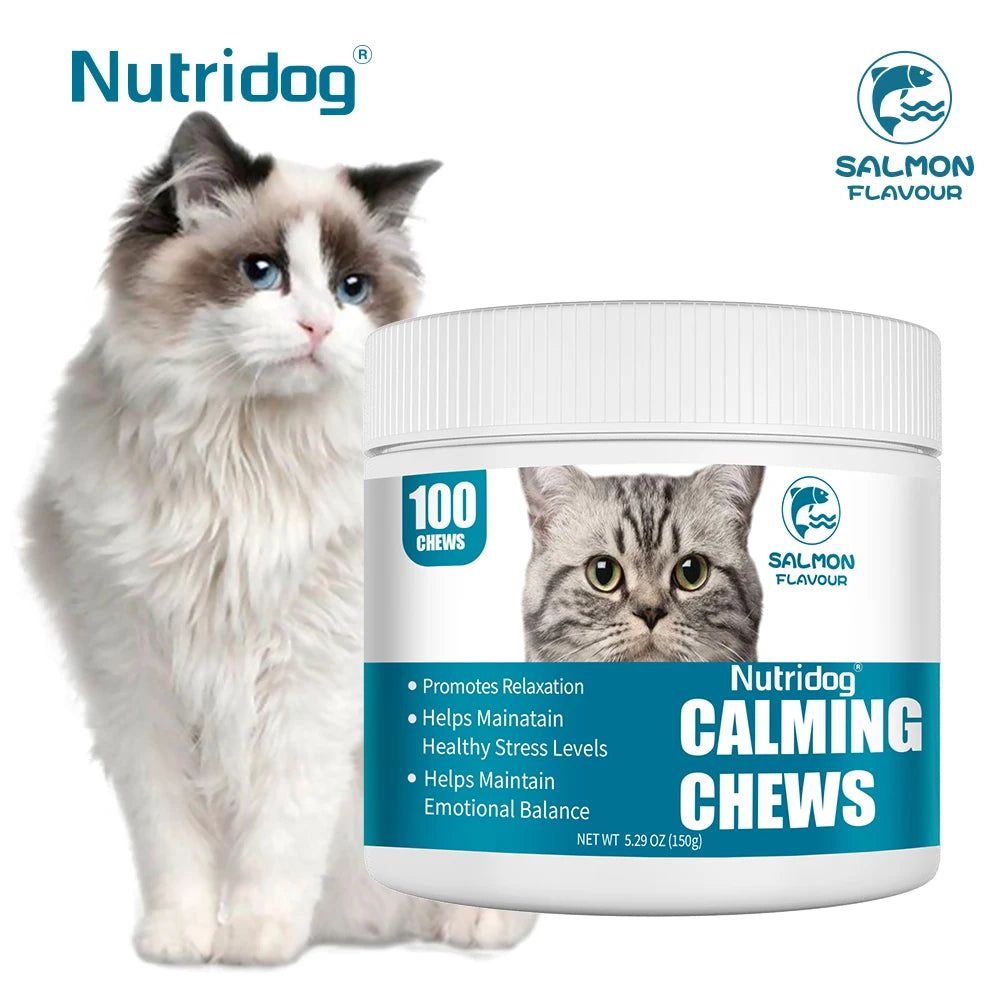 NUTRIDOG Cat Calming Chews Promotes Cats Relaxation Moods Calmer Relieve Stress Effects Maintain Emotional Balance 100 PCS/Bottle