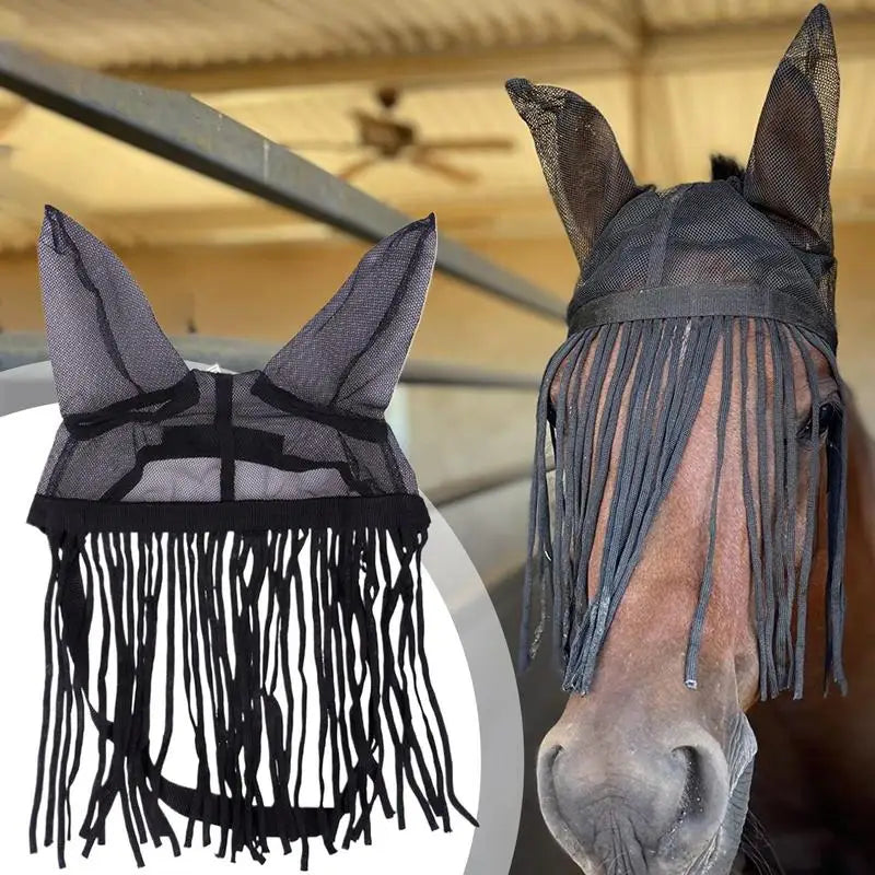 Horse Fly Cover With Ear Mesh Adjustable Horse Supplies With Tassels UV Shield Equestrian Equipment