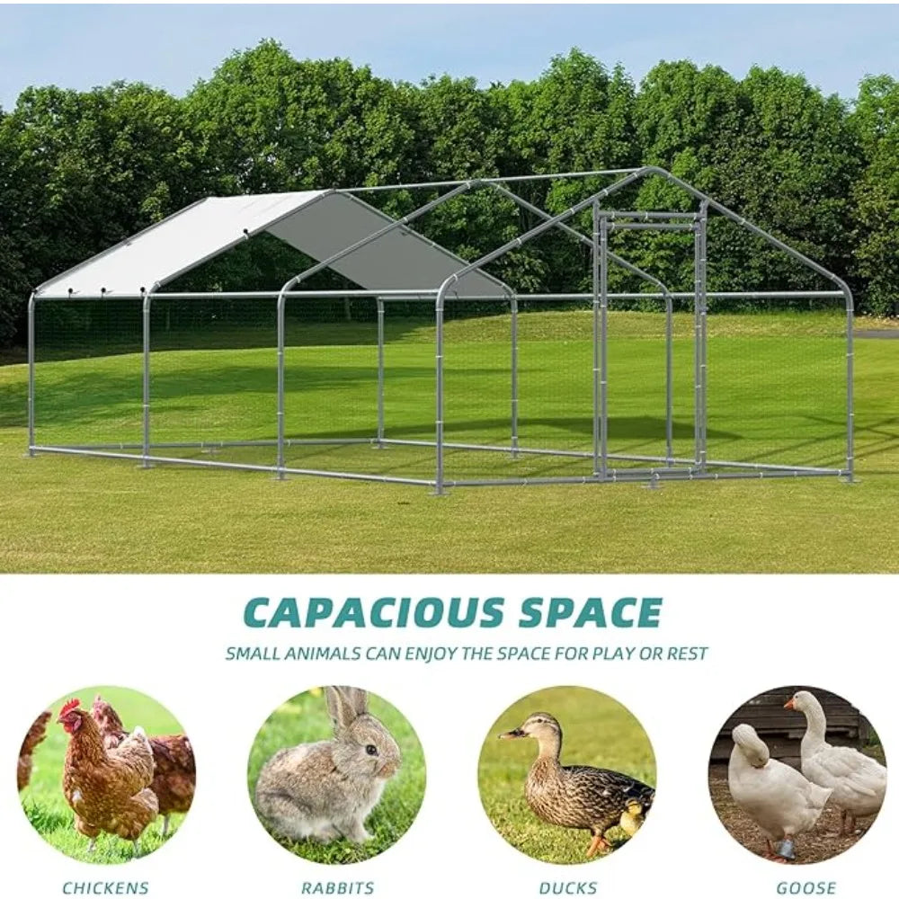 Large Metal Chicken Coop Run, Walk-in Enclosure Poultry Hen Run House, Spire Shaped Chicken Pen with Waterproof & Anti-UV Cover