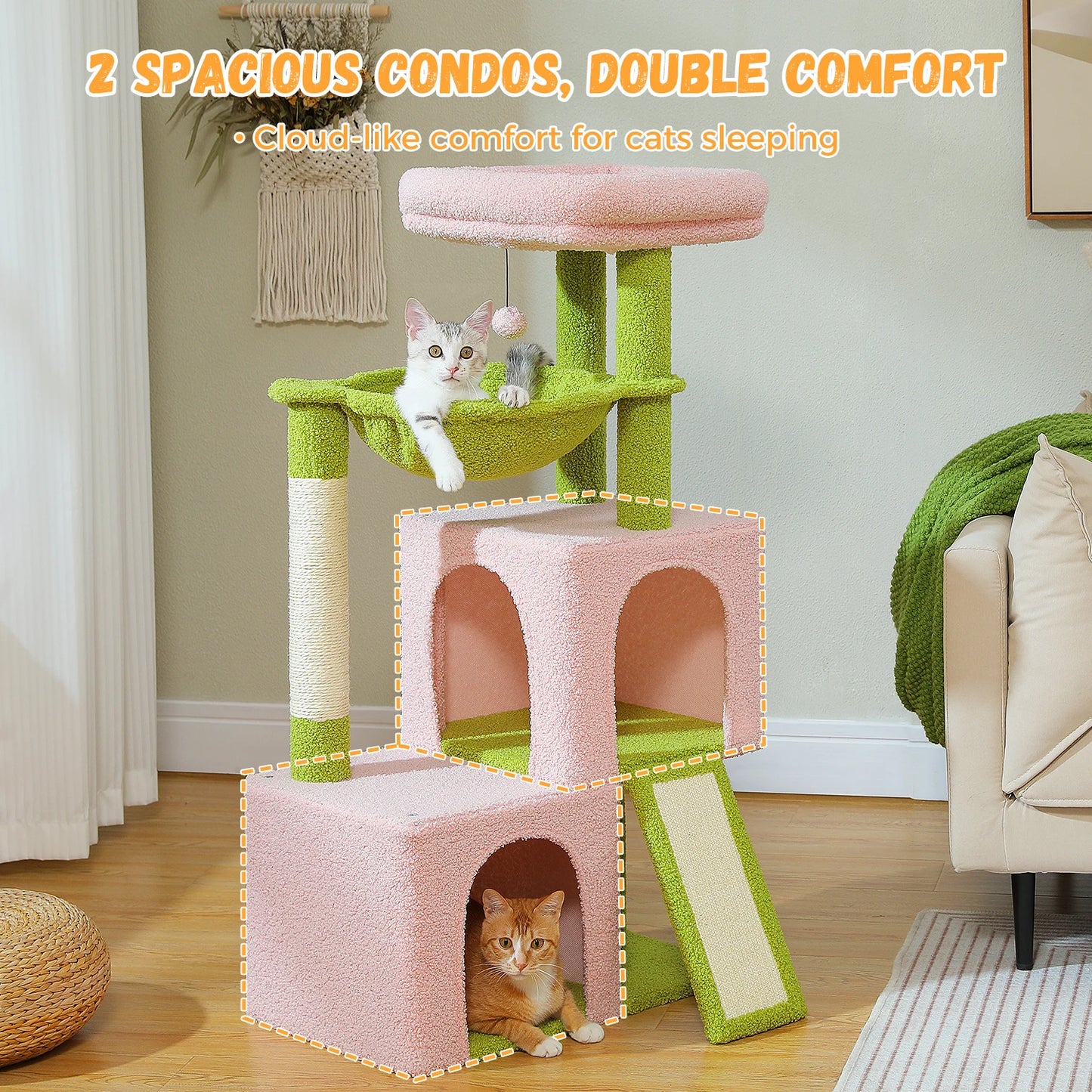Large Cat Tree Indoor Cats, Multi-Level Cat Tower with Sisal Scratching Post, 2 Spacious Condos, Cat Toys