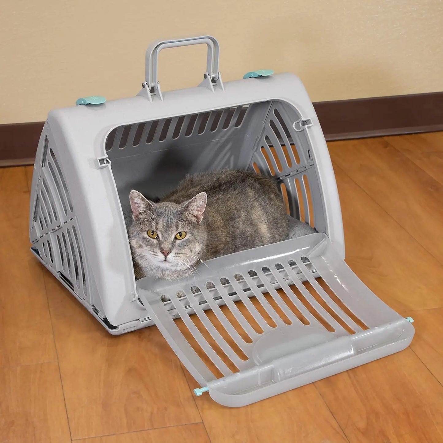 Sport Pet Foldable Travel Cat Carrier with A Waterproof Bed - Front Door Plastic Collapsible Carrier, Gray (CM-10064-CS01)