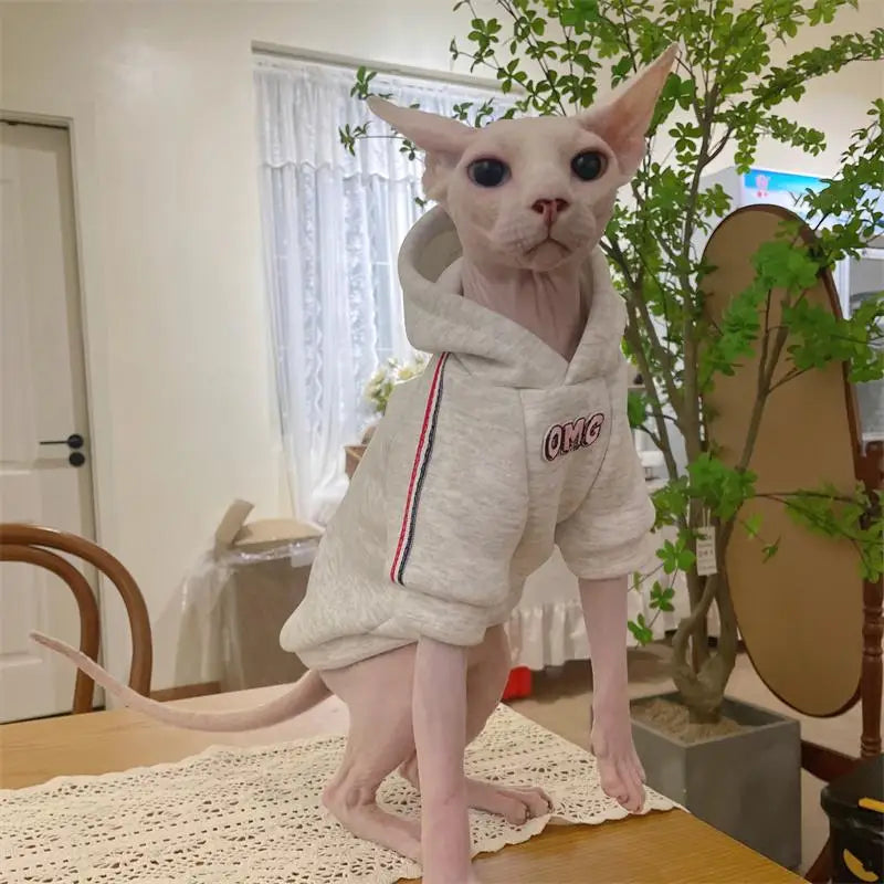 Thick Grey Fleece Hooded Sweatshirt for Sphinx Cat in Winter Long Sleeves Warm Cartoon Kittens Jacket Coat for Devon Rex