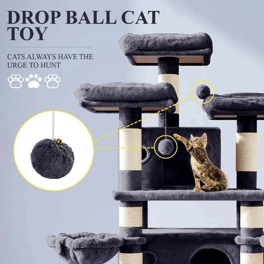 68 Inch Cat Treehouse with Cat Nest, Cat Scratch Post, and Multi Story Tower