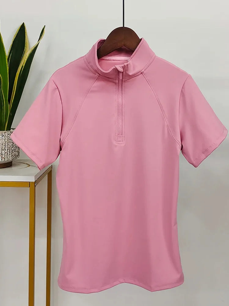 MXLLINA Girls Equestrian Short Sleeves Tops Woman's Summer Zipper Horse Riding T-Shirts Sports Base Layer Competition Show Top
