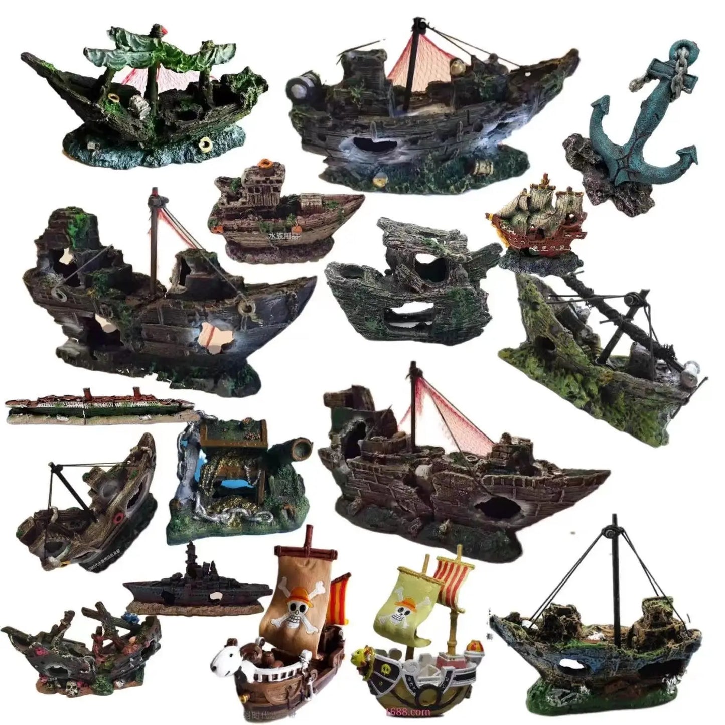 Aquarium Decor Fish Tank Resin Shipwreck Decoration Pirate Treasure Ship Fishing Net Ornament Accessories Statue For Fishes Hide
