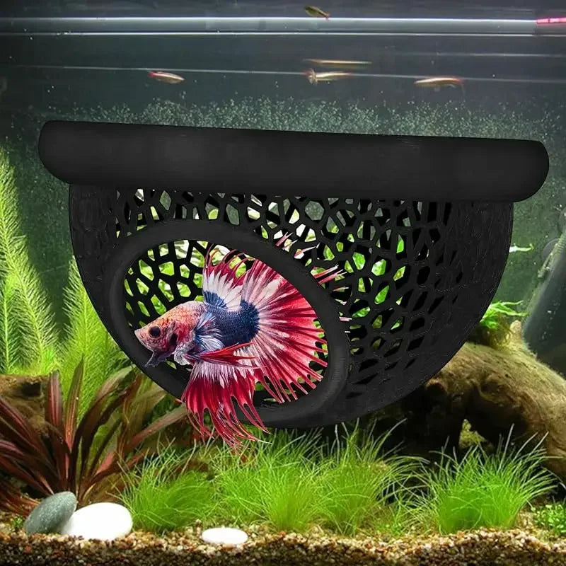 Aquarium Floating Cave Fish Shrimp Hideout Shelter 3-in-1 Hammock Feeding Ring & Resting Spot for Betta Small Aquatic Pets