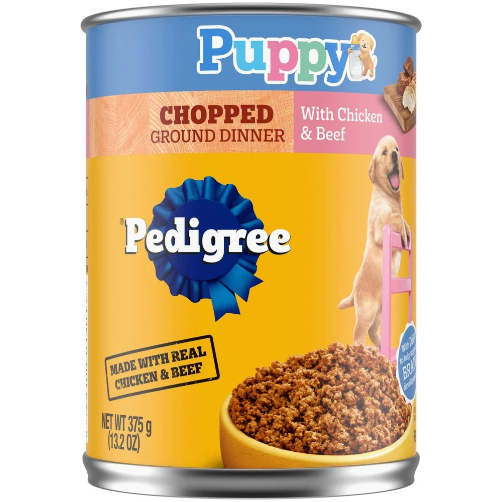 12 Pack Chopped Ground Wet Dog Food Puppies Chicken Beef Flavor 13.2 Oz Can Nutrient Rich Calcium DHA Healthy Development