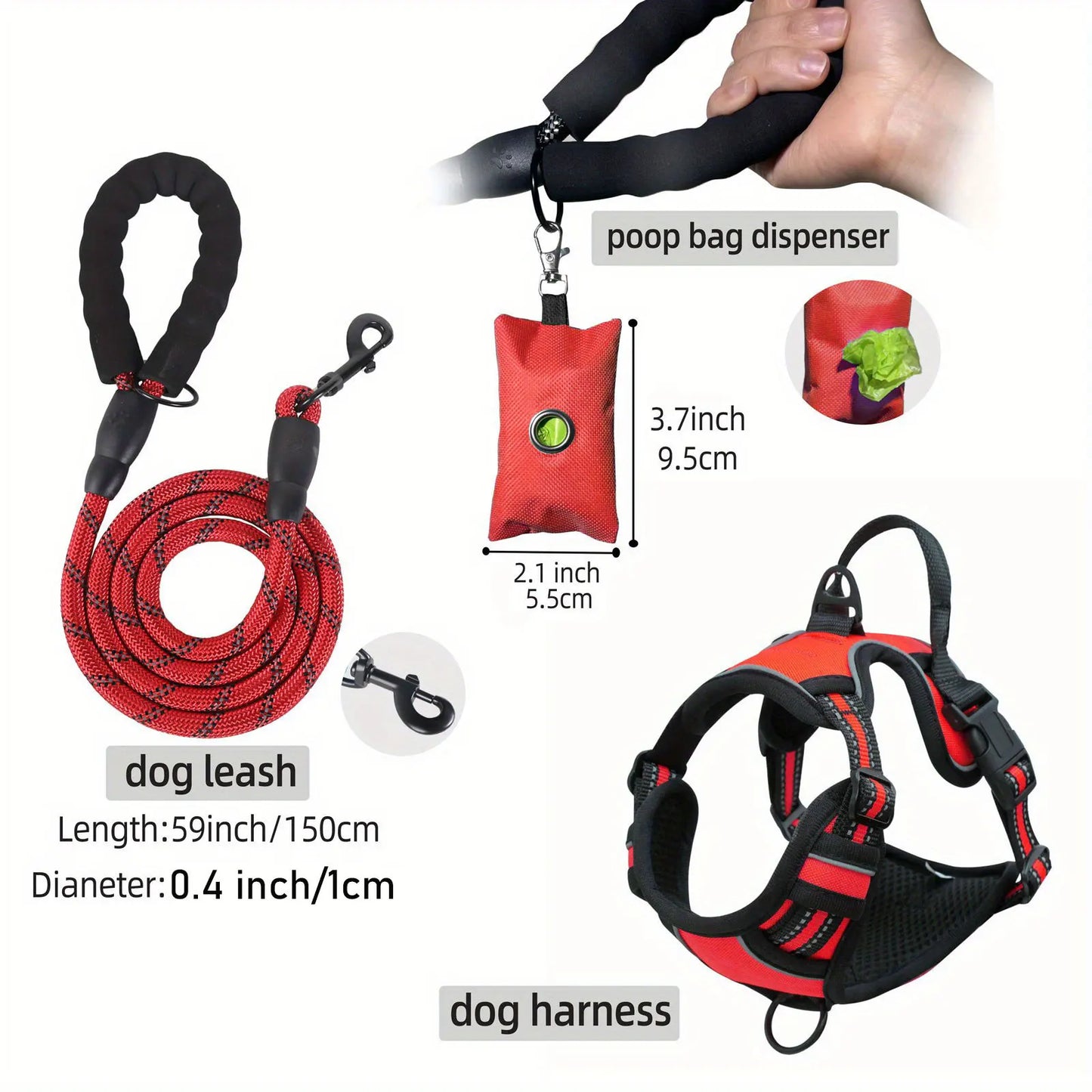 3pcs Escape-Proof Dog Harness Set with Leash and Poop Bag Dispenser for Medium and Large Dogs Walking, Adjustable