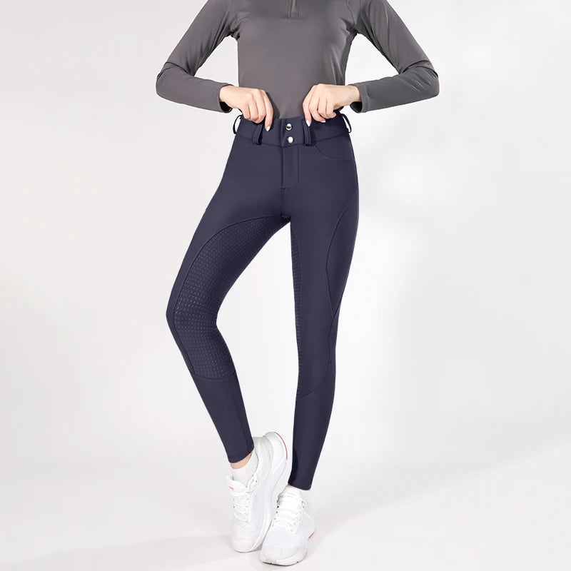 MXLLINA Button Zipper Horse Riding Pants Women Equestrian Leggings Breeches Competition Full Silicone Sports Tights