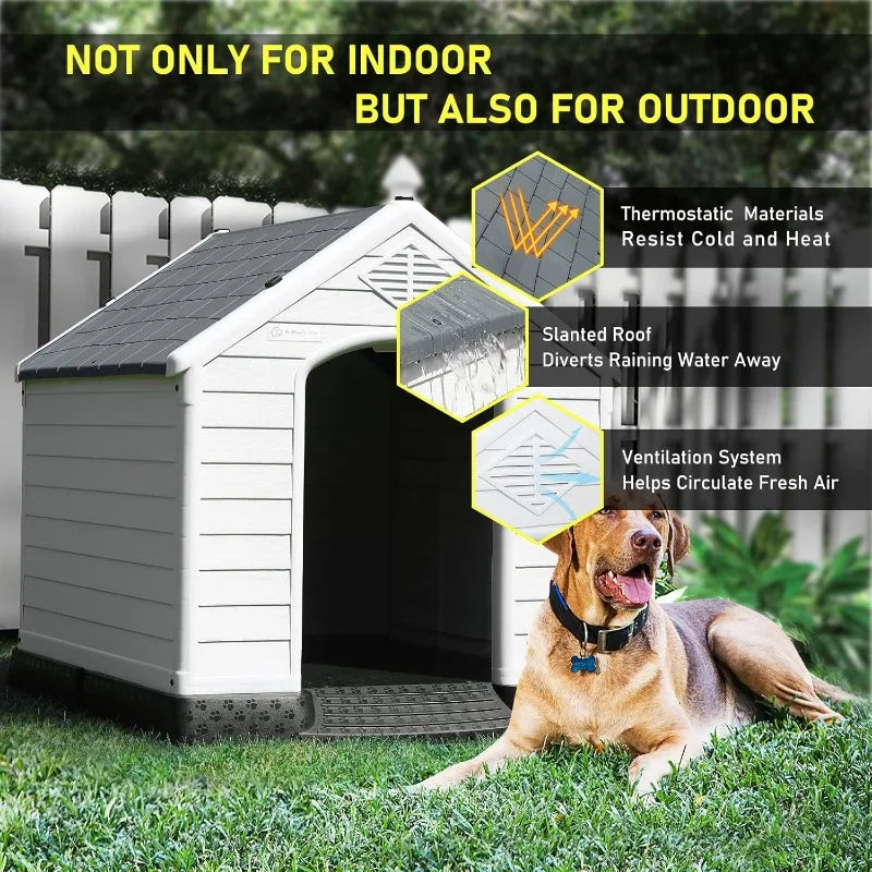 LEMBERI Durable Waterproof Plastic Dog House for Small to Large Sized Dogs, Puppy Shelter with Elevated Floor, Easy to Assemble