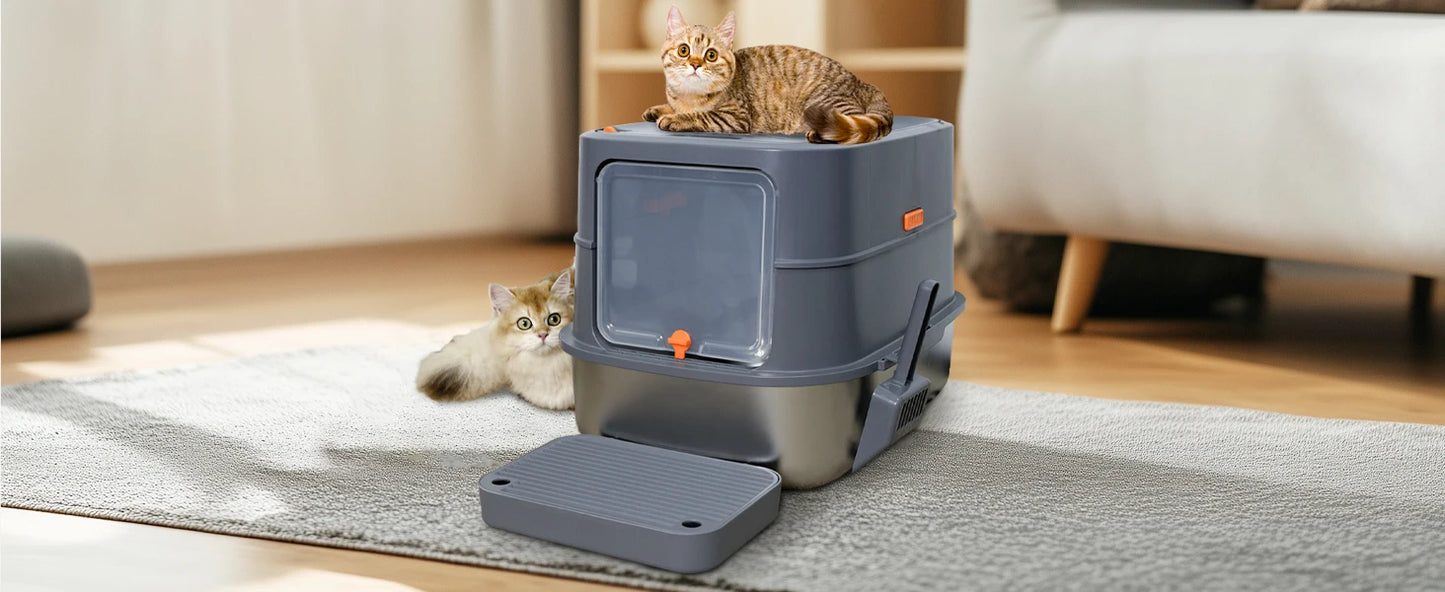 4-Style Cat Litter Box with Lid Large Kitty Litter Box Enclosed with High Sided Enclosure Scoop Non-Sticky