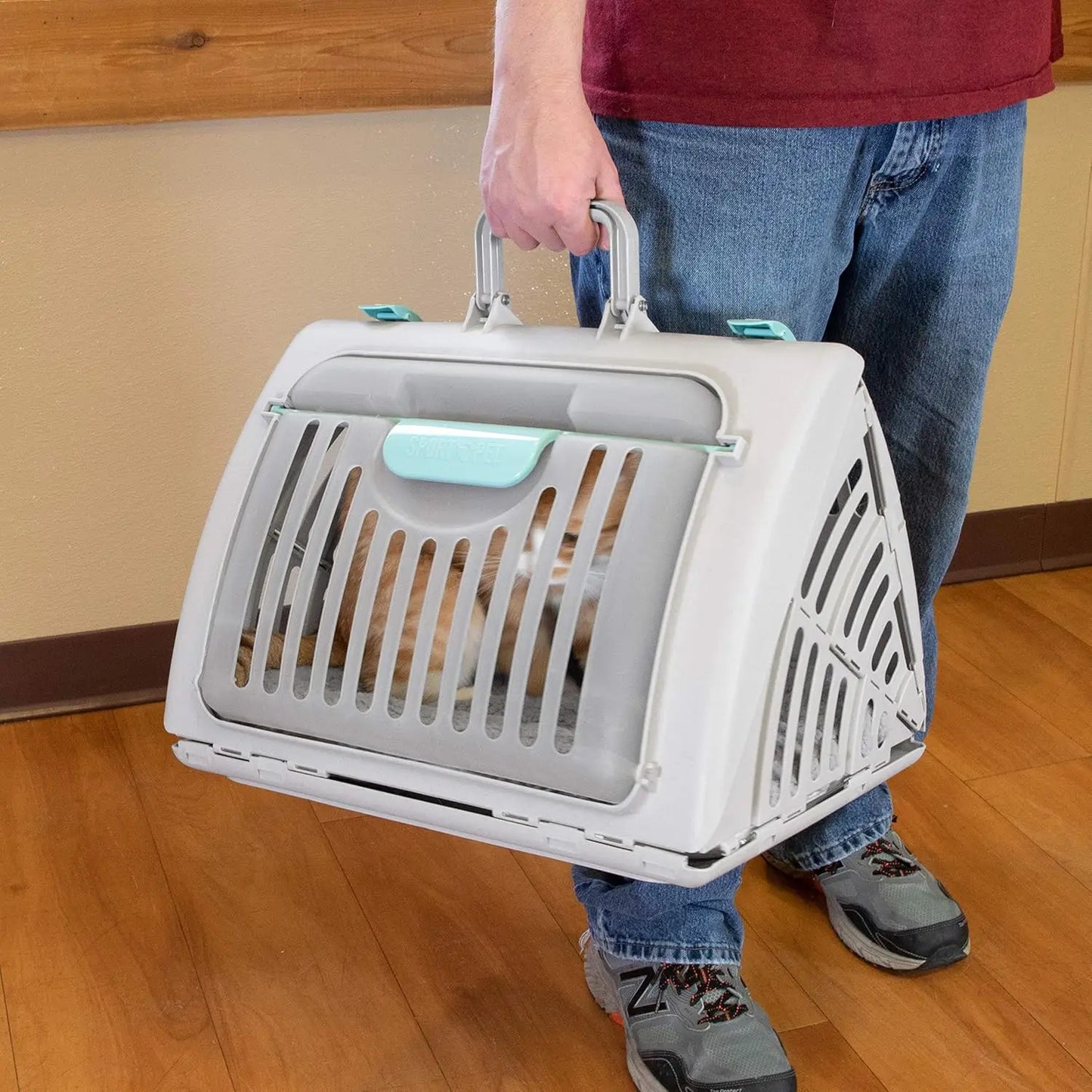 Sport Pet Foldable Travel Cat Carrier with A Waterproof Bed - Front Door Plastic Collapsible Carrier, Gray (CM-10064-CS01)