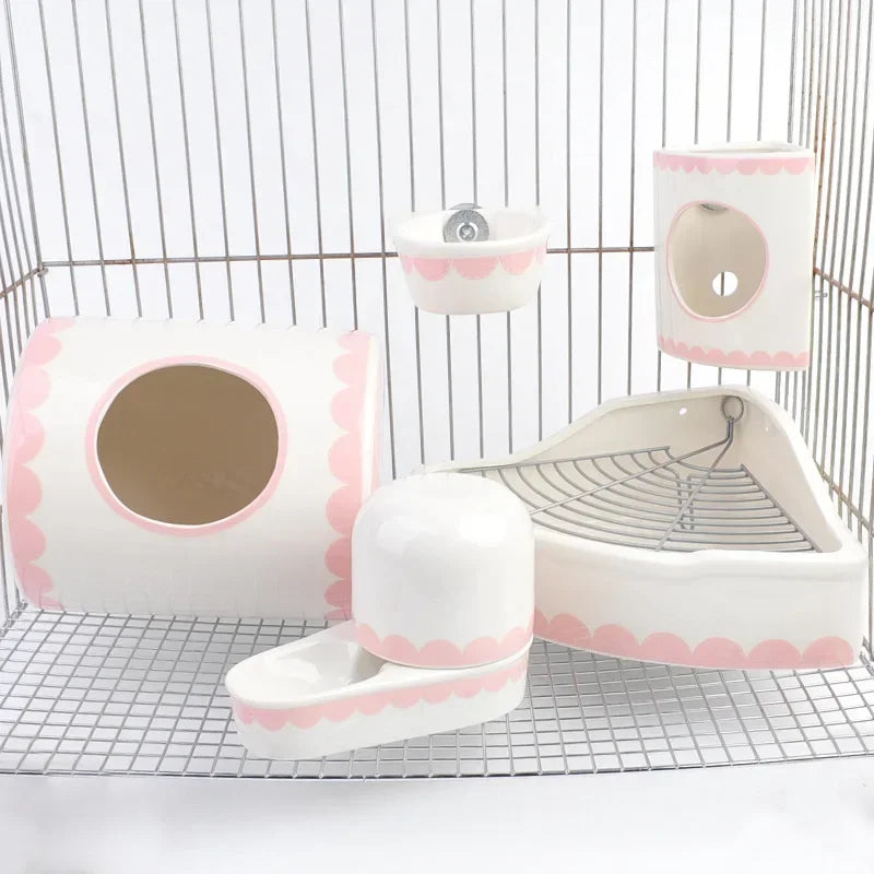 Pet ceramic supplies rabbit drinking fountain hanging bowl chinchilla ceramic toilet rabbit grass rack