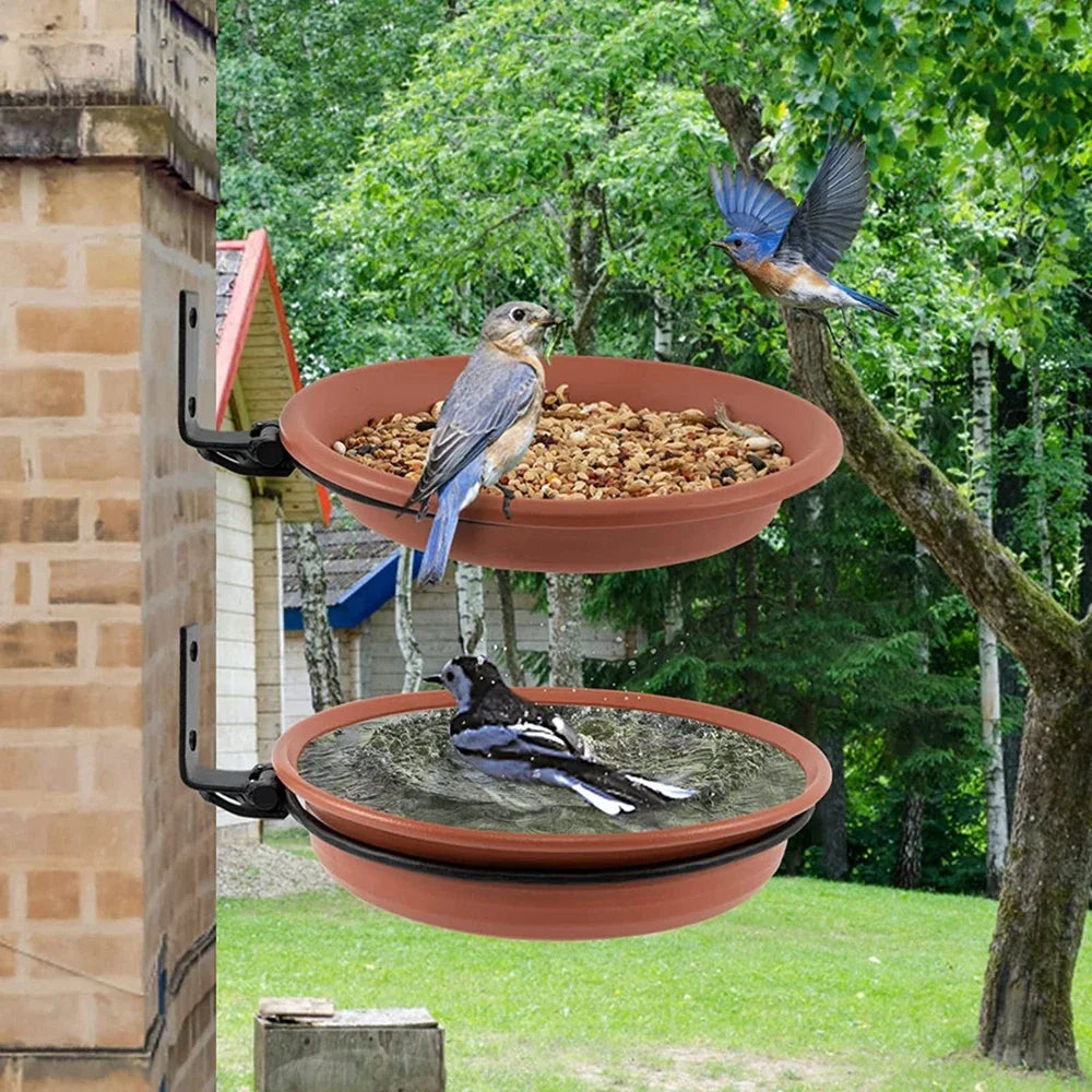 Tree Mounted Bird Tray for Feeder Birds Bath Bowl Installed on Wooden Fence Wall Tree Deck Stakes with Heavy Duty Iron Ring
