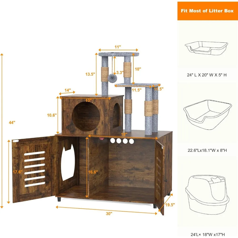 Hidden Litter Box Enclosure, Cat Tree Tower for Indoor cats, Modern Wooden All-in-one Cat Litter Cabinet