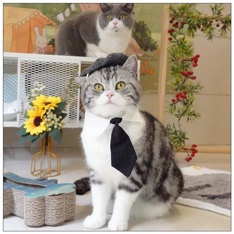 Funny Pet Cat Hat and tie Gentleman's Hat Beret Tie Bathing Blood Gangster Handsome Cosplay Photo Prop Pet Halloween Costume