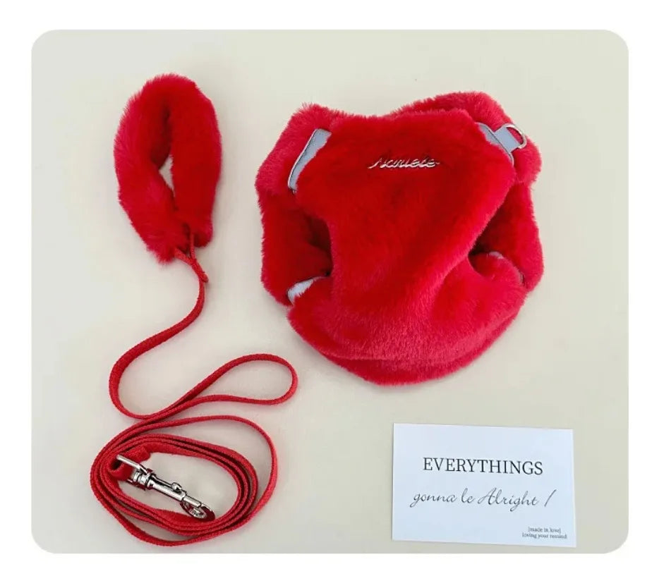 Fashion Pet Rabbit Fur Plush Pet Traction Set Warm Thick Pet Dog Cat Walking Dog Outdoor Teddy Plush Traction Rope Chest Harness