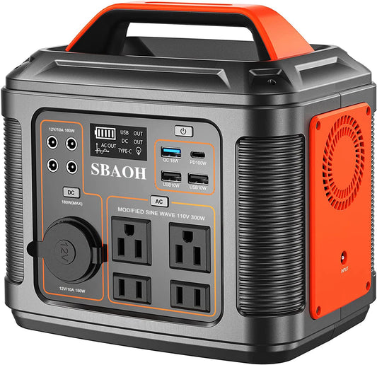 Portable Power Station, 300W 296W Solar Generator Quick Charge / 110V AC Outlets/DC Ports and LED Flashlight, Lithium Battery