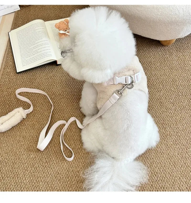 Fashion Pet Rabbit Fur Plush Pet Traction Set Warm Thick Pet Dog Cat Walking Dog Outdoor Teddy Plush Traction Rope Chest Harness